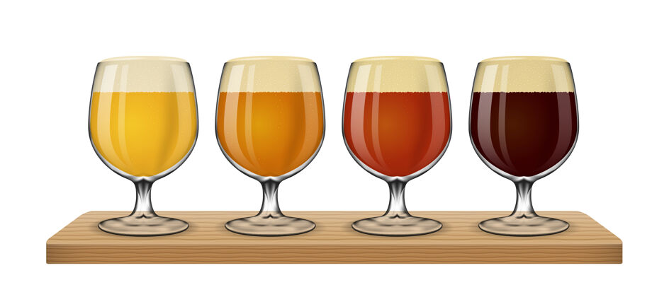 平板白色背景上的啤酒灯不同种类的玻璃插画啤酒形状满