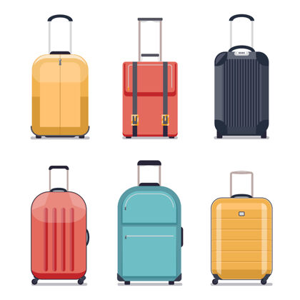 塑料旅行行李或旅行箱图标为度假和旅行设置的行李存储平面收集