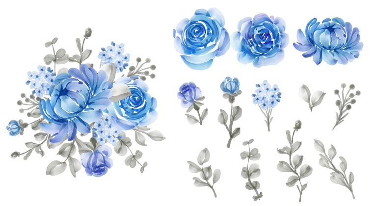 设置美丽的花蓝色孤立的叶子和花墙纸花卉绘画