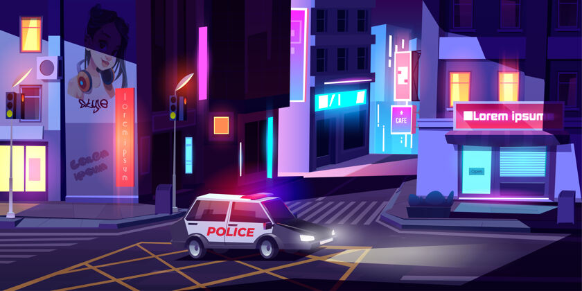 行人夜巡警署的警车带着信号灯骑着空城街上的楼房 霓虹灯闪闪发光的招牌 人行横道和红绿灯交叉建筑灯光