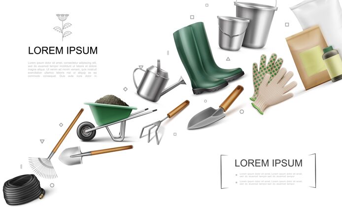 肥料现实的花园元素概念与软管土铲铲子独轮车耙肥料袋靴子水桶浇水可以手套锄头插图瓶子草袋子