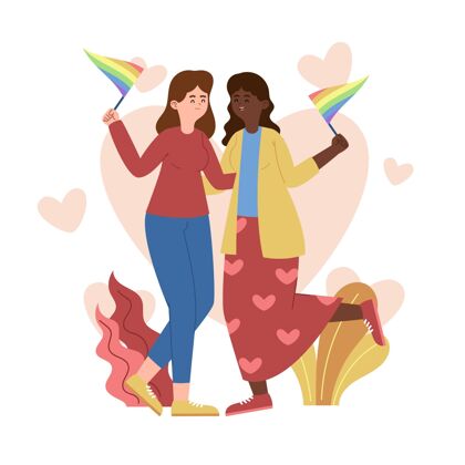 同性恋旗帜有机平面女同性恋夫妇插图与lgbt旗帜女同性恋女人插图