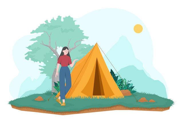 森林女游客站在露营帐篷前 户外自然探险露营插图平地卡通帐篷