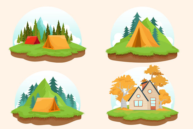 景色四大自然插图 露营帐篷和小屋野营卡通户外