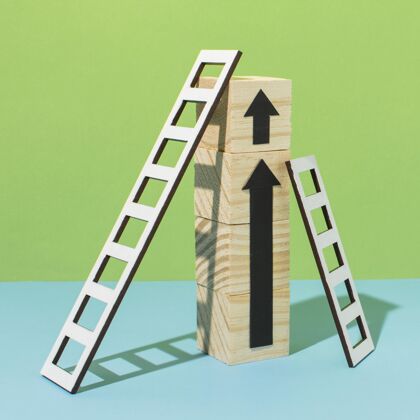 极简带梯子和木块的箭箭头安排立方体