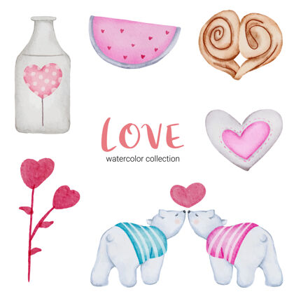 情人套大孤立的水彩情人节概念元素可爱浪漫的红粉心形装饰 插画周年纪念绘画甜点