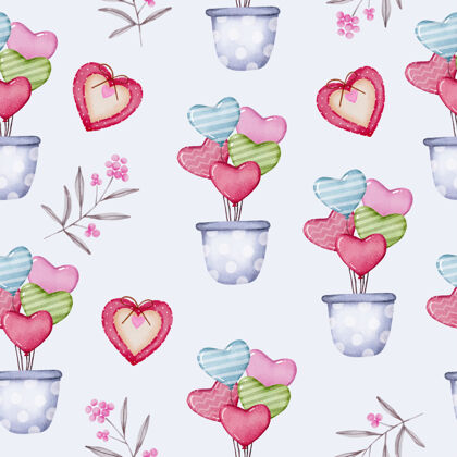 颜料水彩无缝图案的爱情概念 孤立的水彩情人节概念元素可爱浪漫的红粉心形装饰 插画爱情气球花朵