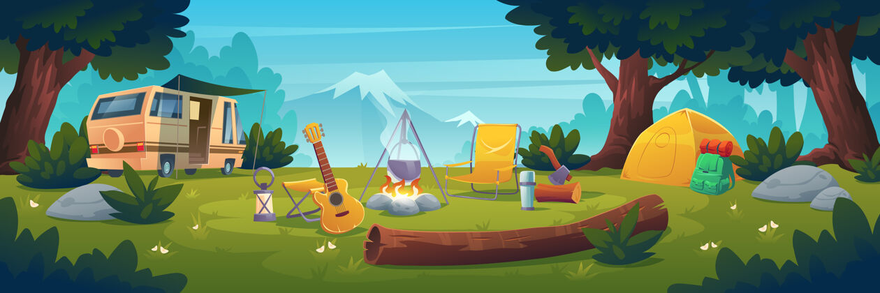 露营夏令营在白天大篷车站在篝火与锅 帐篷 日志 大锅和吉他在山景森林大锅拖车