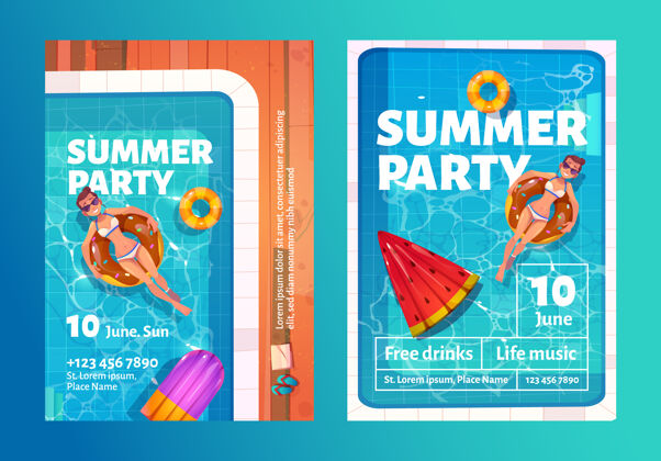 充气夏季派对卡通传单上的充气环游泳池的女人音乐床垫度假