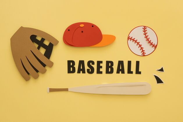 水平棒球的顶视图 球棒 手套和帽子美国运动平躺
