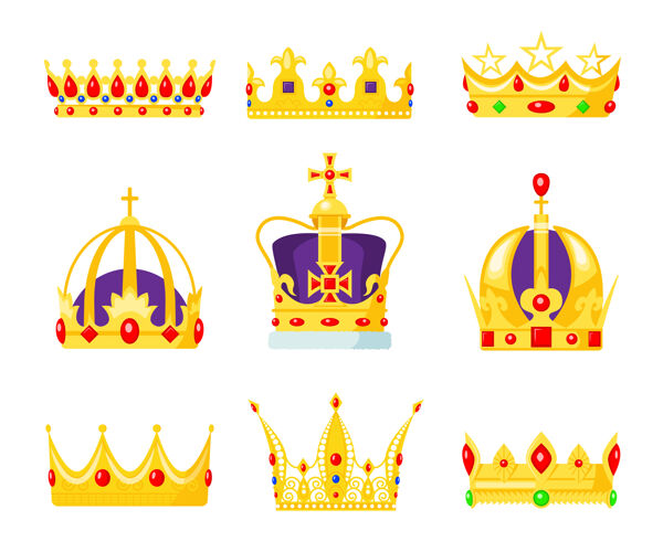 皇后君主王冠套装国王或王后珠宝 皇室权威标志 王子和公主的黄金珠宝旧的皇室皇冠