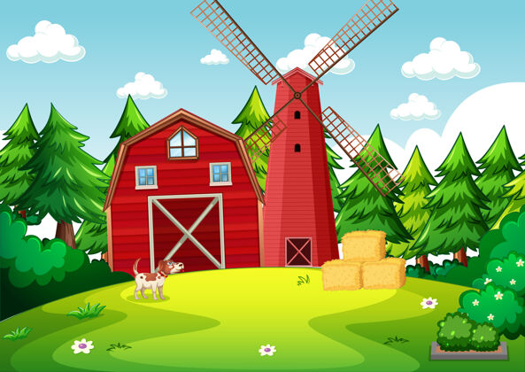 动物背景是农场里的红色谷仓和风车背景仓库动物
