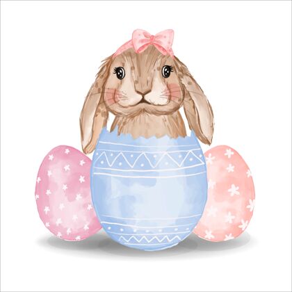 粉色粉色和蓝色蛋的水彩画兔子兔子快乐美丽