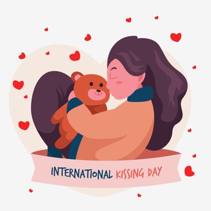 感情平面国际接吻日插图与妇女和泰迪熊爱接吻日感情