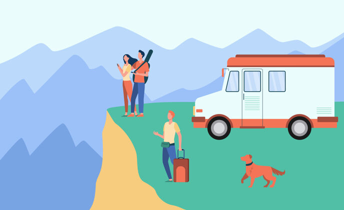 人卡通人乘坐面包车在山上旅行卡通插画度假自然人物