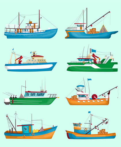 船渔船集传统的渔民拖网渔船 船舶起重机和货物隔离在淡蓝色卡通插图航海商业食物