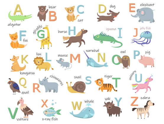 扁五颜六色的动物园字母与可爱的动物平面插图集野生动物狮子马