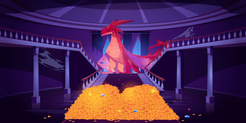 生物龙坐在城堡的金堆上 梦幻人物守护着宫殿里的宝藏骑士民间传说游戏