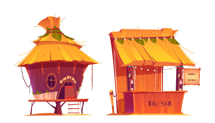 饮料提基小屋酒吧 夏威夷海滩木制建筑 干草屋顶和竹子菜单菜单屋顶海洋