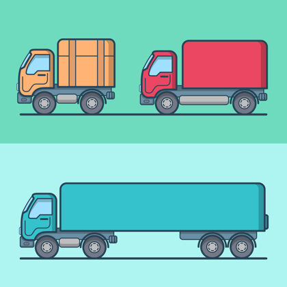 集卡车货车道路运输集线性笔划轮廓图标彩色轮廓图标集合运输网站符号