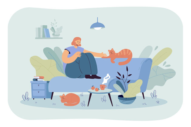时尚积极的女士坐在舒适的沙发上与猫卡通插图人物舒适卡通