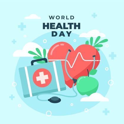 平面世界卫生日心脏和急救箱插图世界卫生日平面设计医疗保健