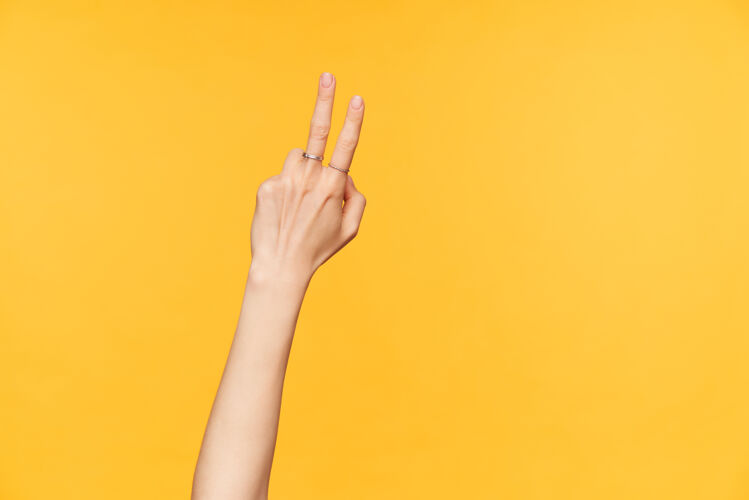 成人年轻漂亮的女士的手保持两个手指抬起 同时计数 在黄色背景上摆姿势手的手势和标志的概念胜利语言特写