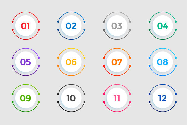 时尚从1到12的圆形圆点数字数字彩色标志