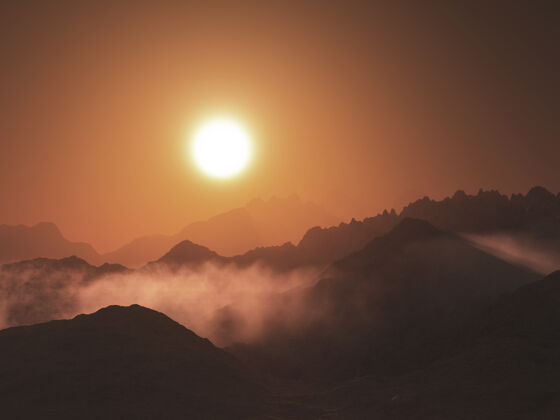 悬崖三维渲染的山景与低云对日落的天空沙漠岩石日落风景