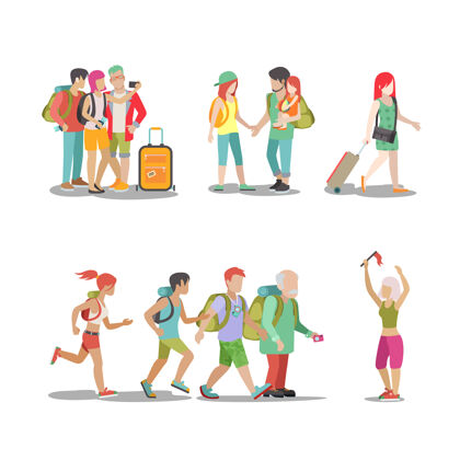游客家庭度假套装男女老少玩得开心有趣的度假插画旅游生活方式系列女孩孩子跑步