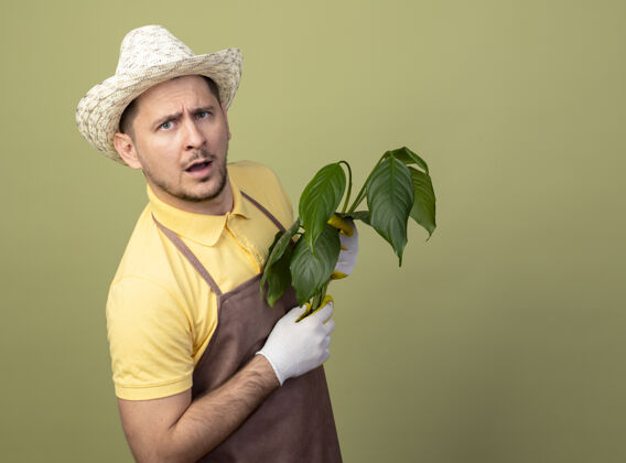 帽子年轻的园丁 穿着连体衣 戴着帽子 戴着工作手套 一脸严肃地拿着植物男人连身衣严肃