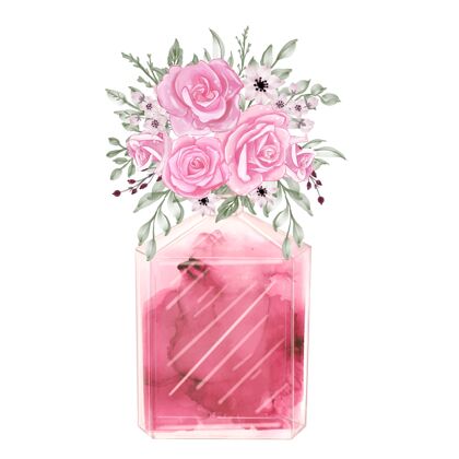 古龙水香水和花朵玫瑰粉色水彩剪贴画时尚插画奢华魅力香薰