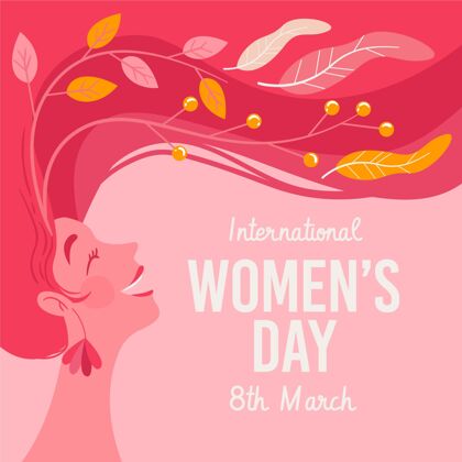 女性手绘国际妇女节插画配长发女人3月8日妇女和女孩节庆祝