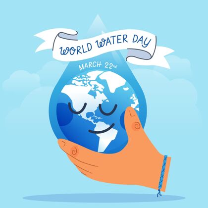 世界手绘世界水日插图与手持行星庆祝星球液体