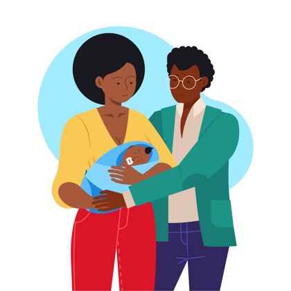 新生儿平面手绘黑色家庭与婴儿插图非洲裔美国人父母身份父母