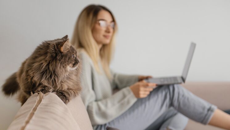 表达女人和她的猫坐在室内模特发型女人