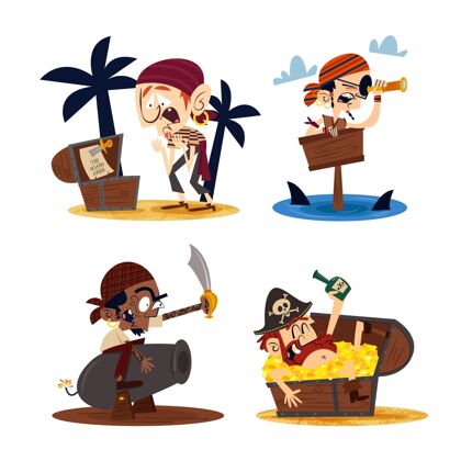 卡通手绘复古卡通人物与海盗海盗老式宝藏