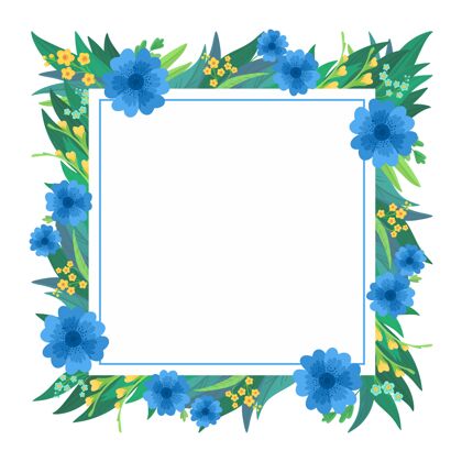 开花花卉方形框架蓝色和黄色野花贺卡设计问候夏天植物