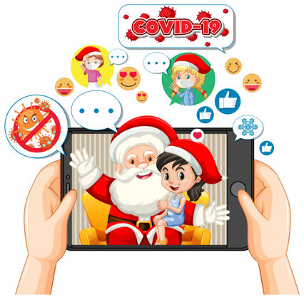 平板电脑带社交媒体图标的平板电脑上的圣诞老人冠状病毒幽默善良