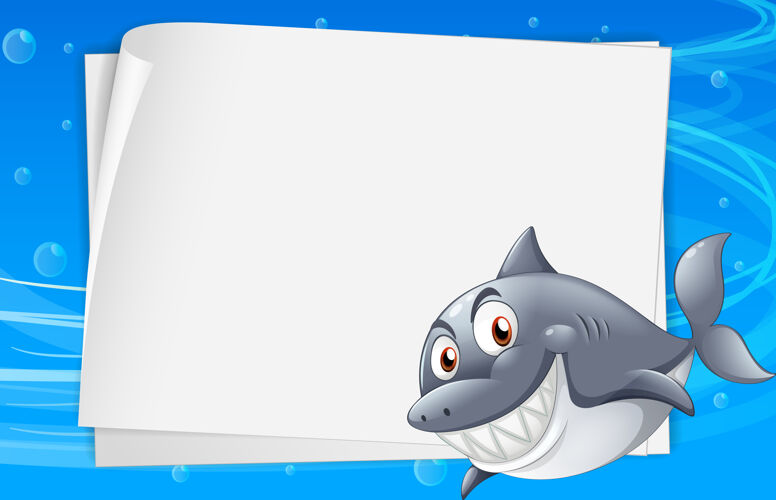 生物空白纸模板与鲨鱼卡通人物在水下场景模板风景环境