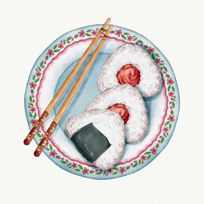 午餐水彩画美味的日本umeboshionigiri吃米饭日本食品