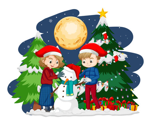 欢乐两个孩子在晚上创造圣诞主题雪人庆祝青年月亮