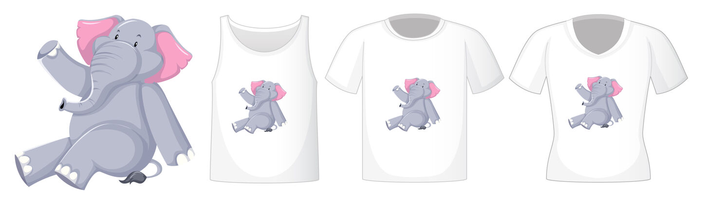 多彩大象在坐姿卡通人物与多种类型的衬衫动物短袖升华