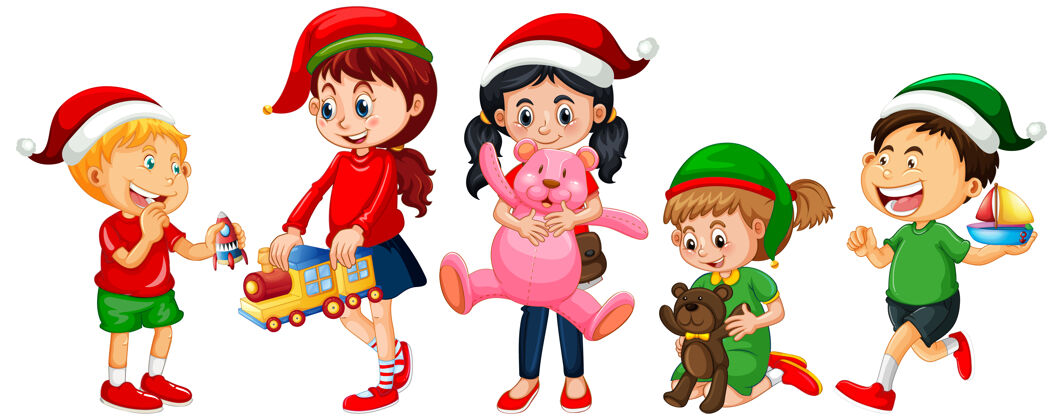 庆祝不同的孩子穿着圣诞主题的服装 在白色背景上玩他们的玩具颜色圣诞节年轻