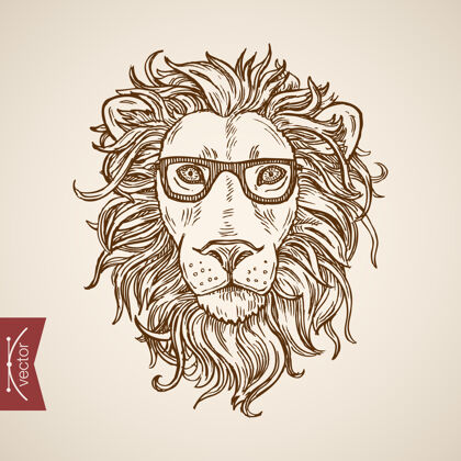 动物野生动物狮子肖像时髦风格的人类服装配饰戴眼镜线人配件