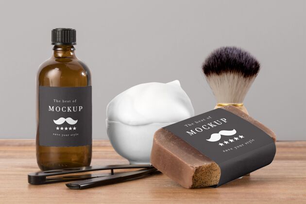 胡须带刷子和肥皂的理发店产品正面图产品男性模型