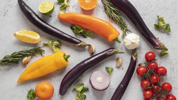 烹饪顶视图的食物配料与新鲜蔬菜菜肴俯视图蔬菜