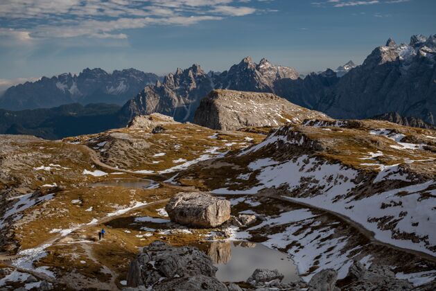 雪意大利贝卢诺的白云石 拉瓦雷多的石峰和雪峰的壮丽景色景色岩石石头