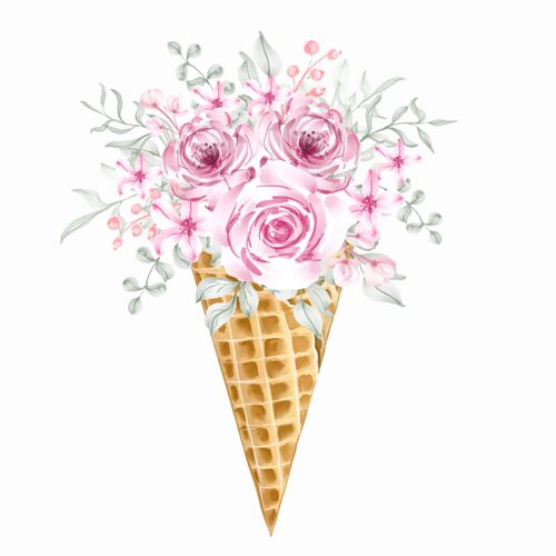 注释粉色野花花束冰淇淋筒未来派绘画辉光