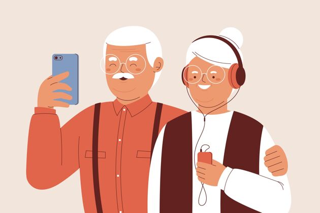 老年人平面插图老年人使用的技术平面手绘老年人社会